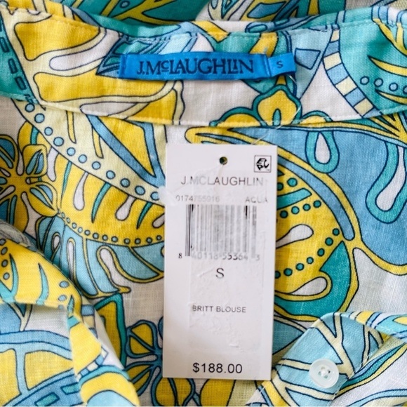 J McLaughlin Women’s Linen Shirt Aqua Yellow Tropical Print Button Down NWT $188 - Picture 13 of 15